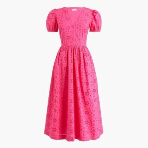 J. Crew Eyelet Puff-Sleeve V-Neck Midi Sundress Crisp Begonia Womens Size 14